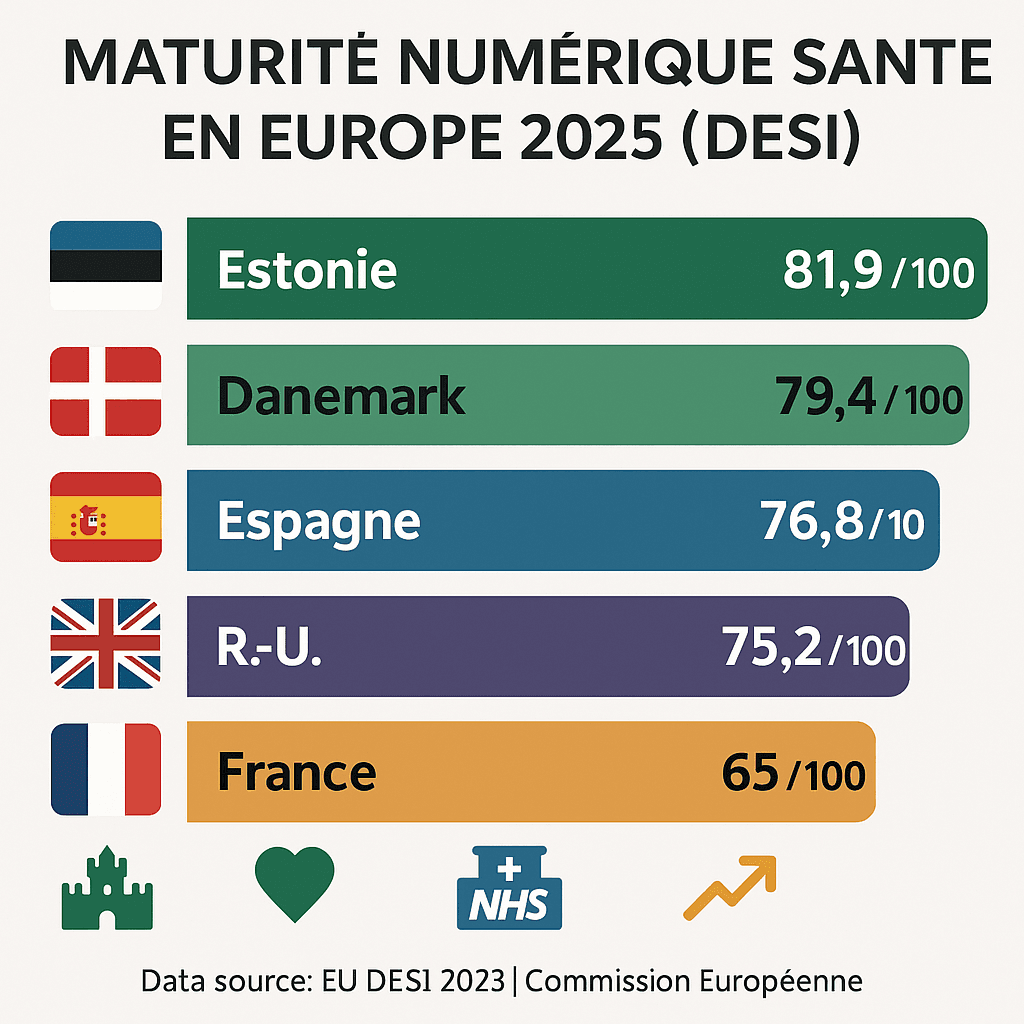 Classement maturité numérique santé Europe 2025 DESI - Estonie 81,9 Danemark 79,4 Espagne France transformation digitale