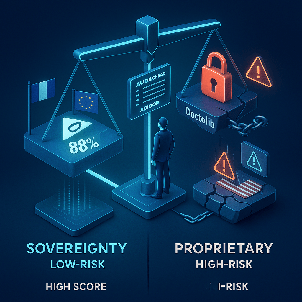 Matrice de scoring en IA Santé. Le centre équilibré représente Nabla Copilot (Souveraineté, Zero Retention, 88%). À gauche, Doctolib Assistant symbolisé par un cadenas rouge (Verrouillage Propriétaire). À droite, Nuance (Dragon Medical) avec le drapeau US et une plateforme fissurée (Cloud Act, risque de dépendance).