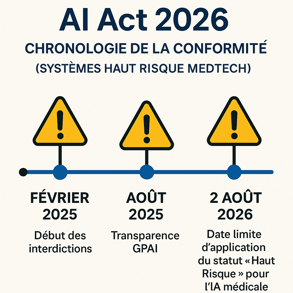 Représentation visuelle d'une timeline réglementaire pour l'IA en Santé. Le point culminant est un mur massif et réglementé symbolisant le 2 Août 2026 (Statut Haut Risque). Un petit robot (l'IA) est forcé de s'arrêter devant le mur.