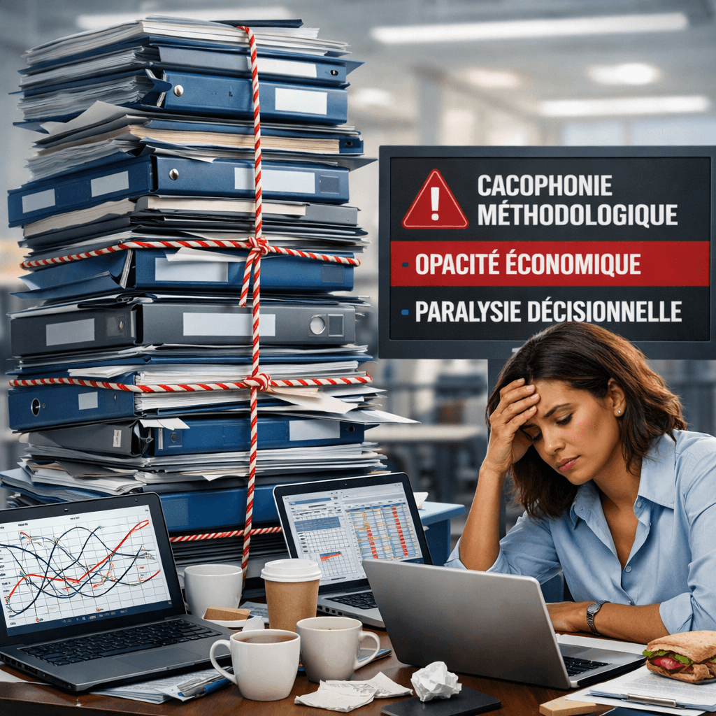 Une femme cadre en santé, l'air accablé devant une pile monumentale de rapports institutionnels et un écran affichant des graphiques financiers en baisse, symbolisant la paralysie décisionnelle dans l'IA médicale.
